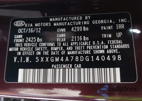 2013 Kia Optima Lx z USA, uszkodzony, nr VIN 5XXGM4A78DG140498